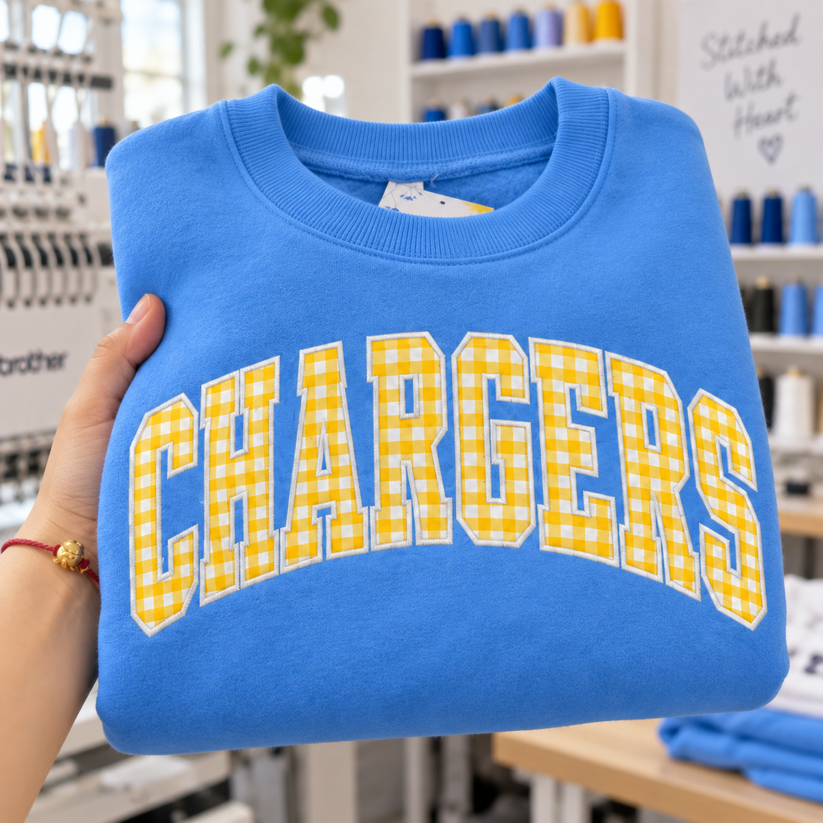 Custom Embroidered Gingham Football Sweatshirt, Personalized Brother Game Day Crewneck, Sports Fan Gift for Him, Varsity Tailgate Weekend