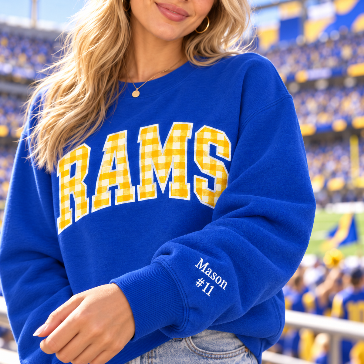 Custom Embroidered Gingham Applique Football Sweatshirt, Personalized Watch Party Crewneck, Football Season Gift, Preppy Varsity Game Day