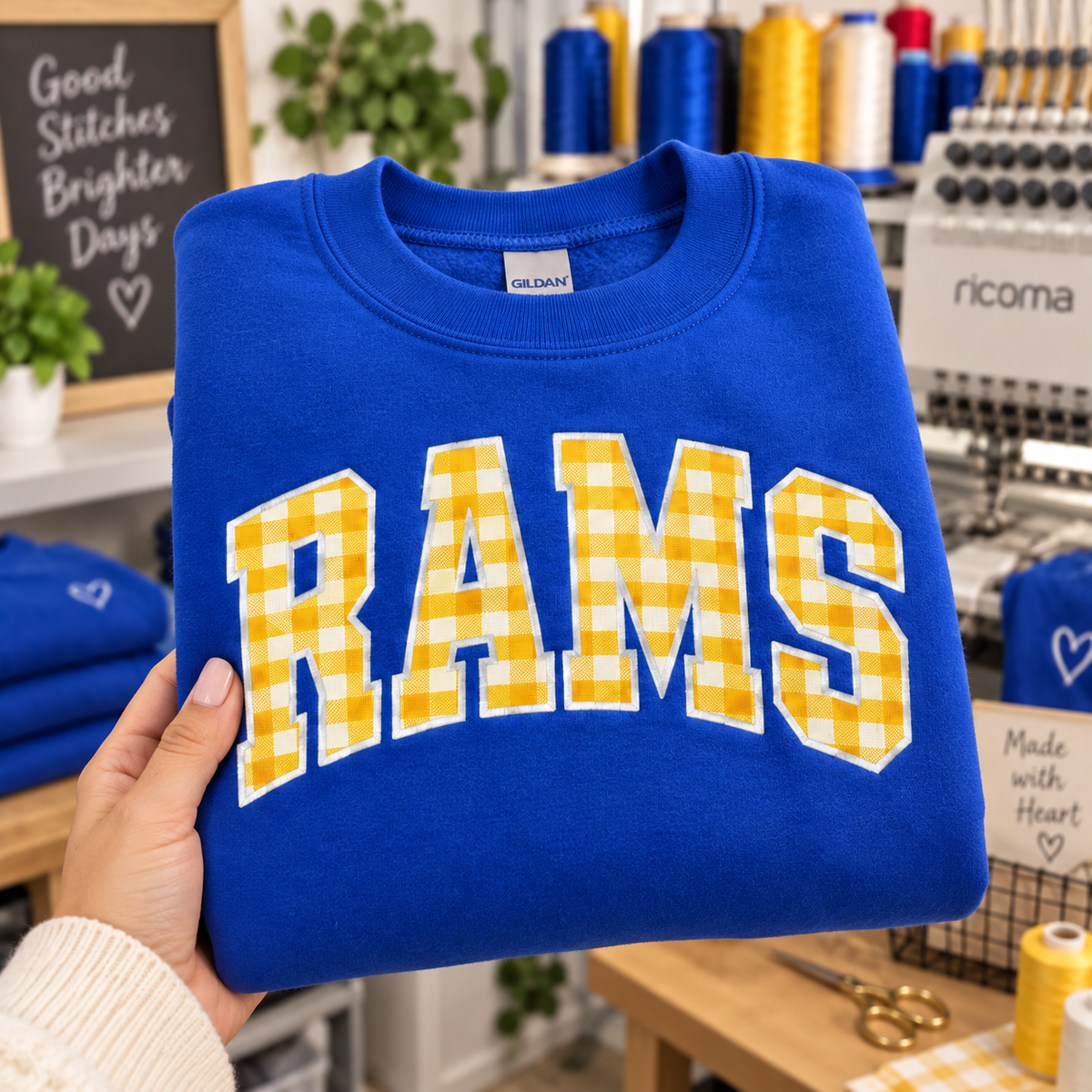 Custom Embroidered Gingham Applique Football Sweatshirt, Personalized Watch Party Crewneck, Football Season Gift, Preppy Varsity Game Day