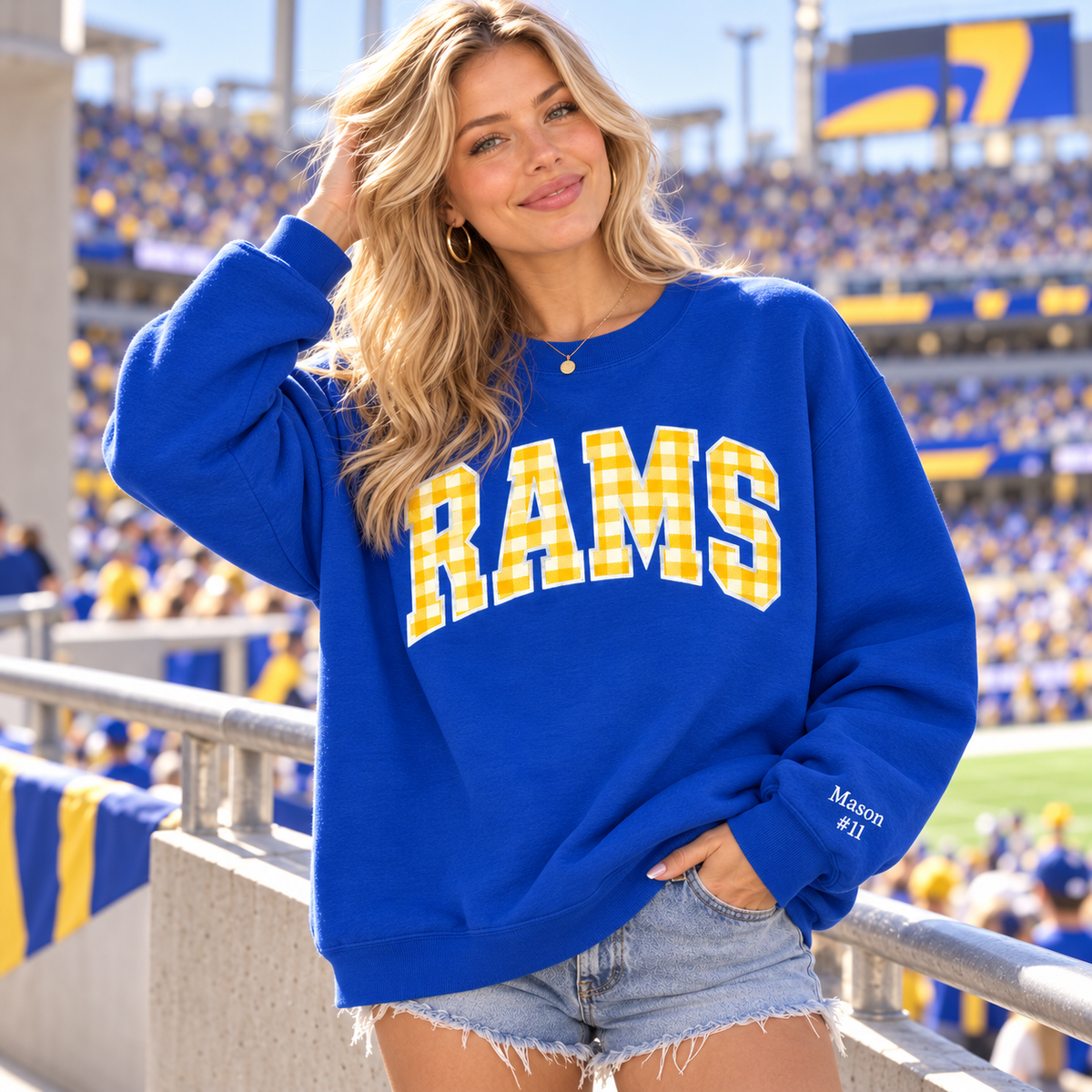 Custom Embroidered Gingham Applique Football Sweatshirt, Personalized Watch Party Crewneck, Football Season Gift, Preppy Varsity Game Day
