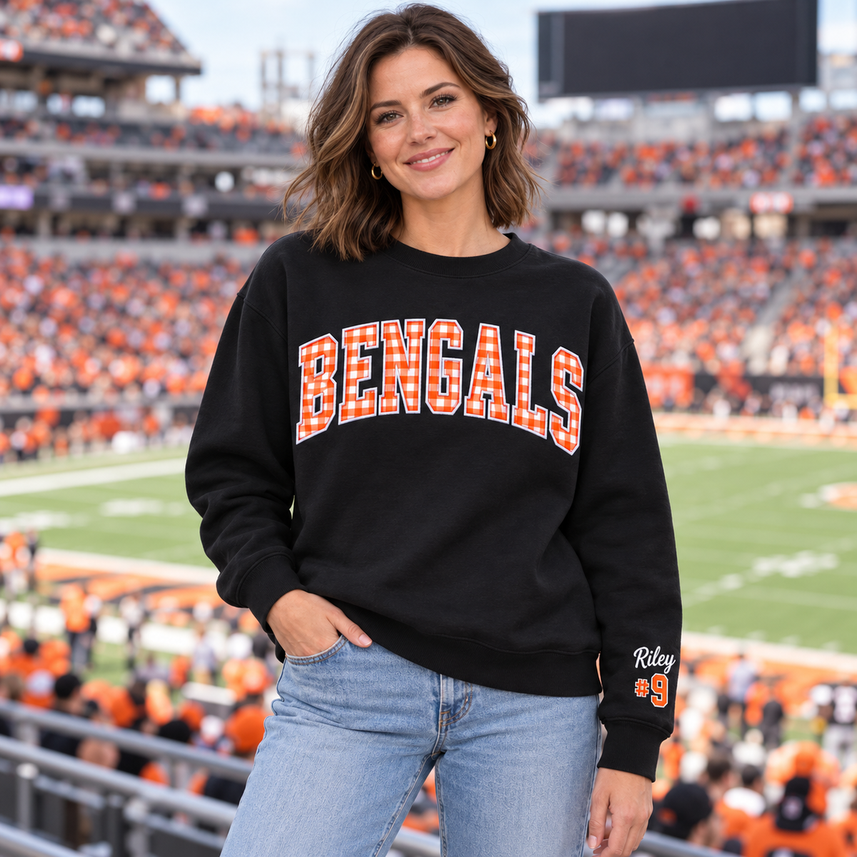 Custom Embroidered Gingham Applique Football Sweatshirt, Cheer Mom Game Day Crewneck, Pep Rally Gift, Varsity School Spirit Wear, Cheer Gift