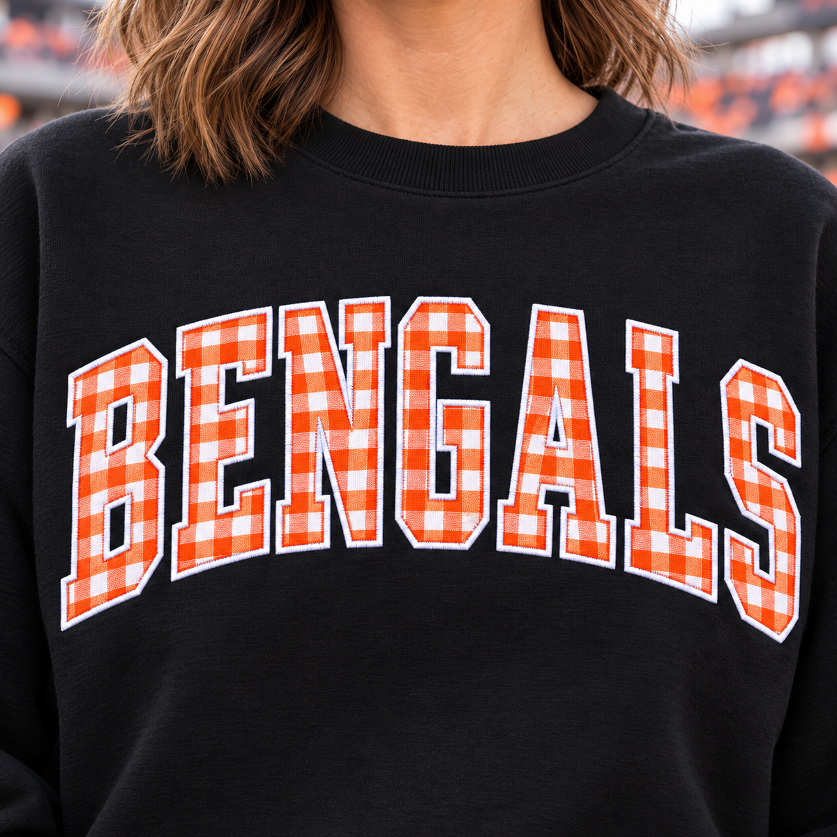 Custom Embroidered Gingham Applique Football Sweatshirt, Cheer Mom Game Day Crewneck, Pep Rally Gift, Varsity School Spirit Wear, Cheer Gift