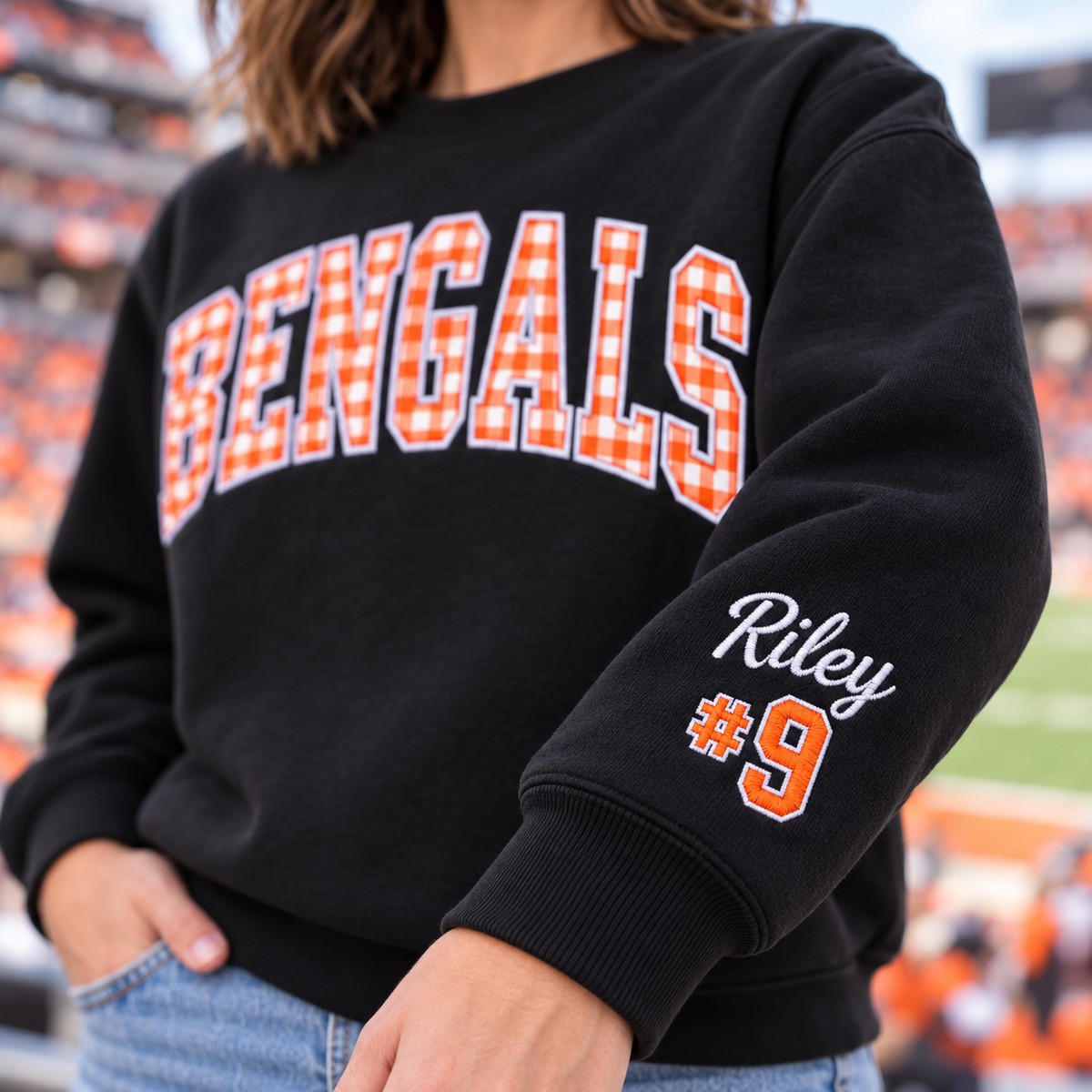 Custom Embroidered Gingham Applique Football Sweatshirt, Cheer Mom Game Day Crewneck, Pep Rally Gift, Varsity School Spirit Wear, Cheer Gift
