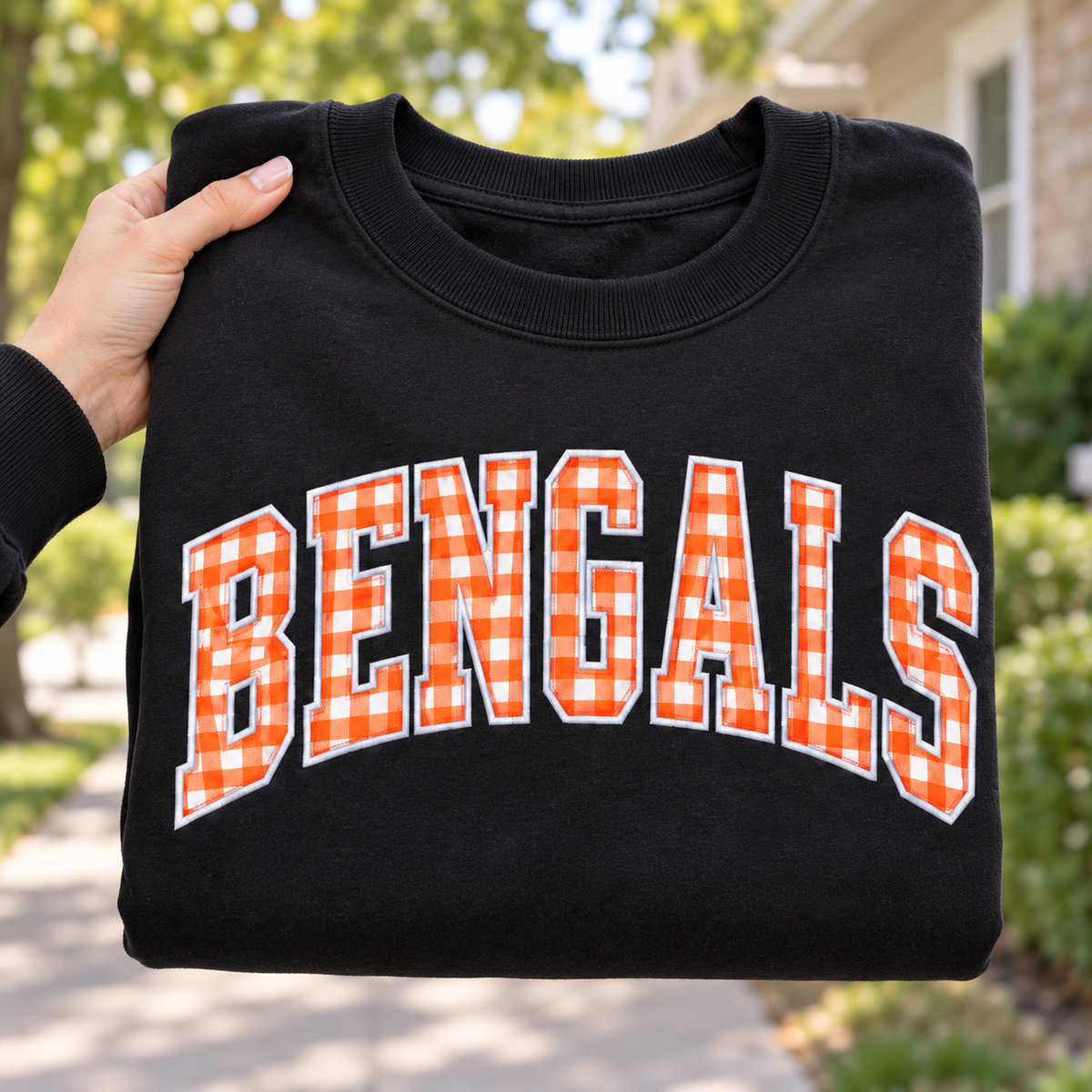 Custom Embroidered Gingham Applique Football Sweatshirt, Cheer Mom Game Day Crewneck, Pep Rally Gift, Varsity School Spirit Wear, Cheer Gift