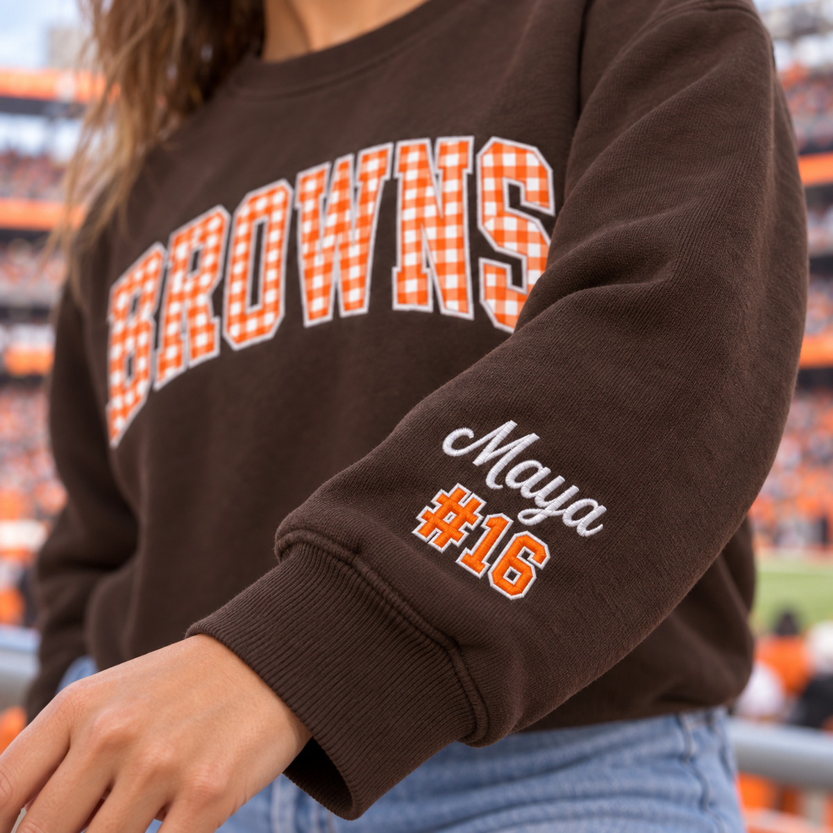 Custom Embroidered Gingham Football Sweatshirt, Personalized Football Boyfriend Crewneck, Varsity Game Day Gift for Him, Tailgate Weekend