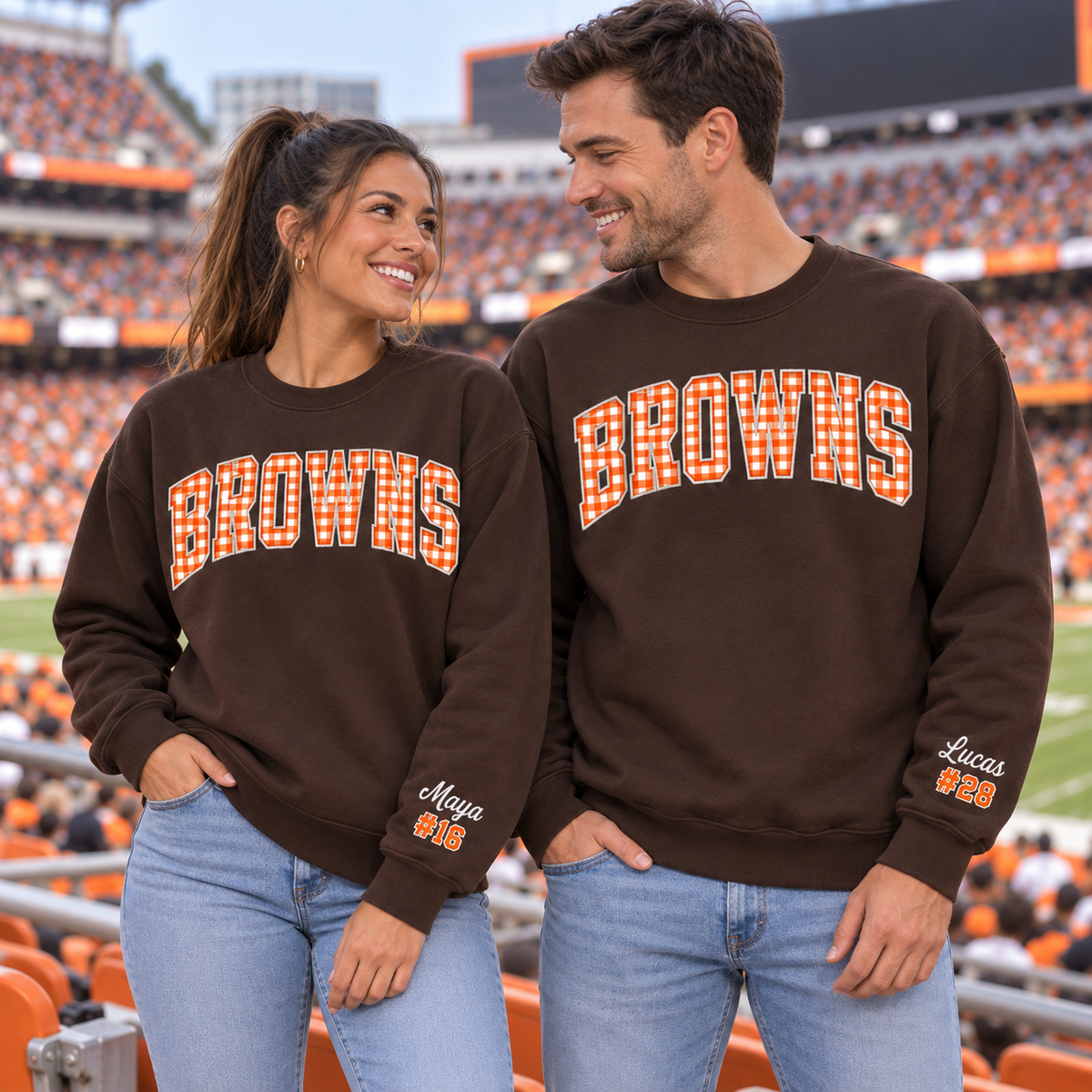 Custom Embroidered Gingham Football Sweatshirt, Personalized Football Boyfriend Crewneck, Varsity Game Day Gift for Him, Tailgate Weekend