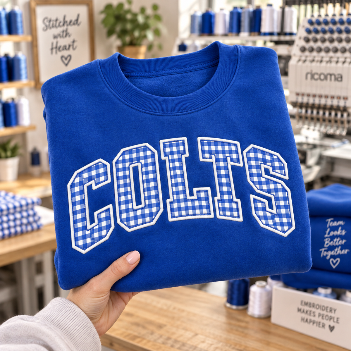 Custom Embroidered Gingham Football Sweatshirt, Player Mom Personalized Crewneck, Sleeve Name Number, Senior Season Game Day Gift for Her