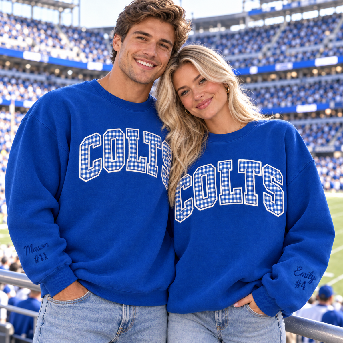 Custom Embroidered Gingham Football Sweatshirt, Player Mom Personalized Crewneck, Sleeve Name Number, Senior Season Game Day Gift for Her