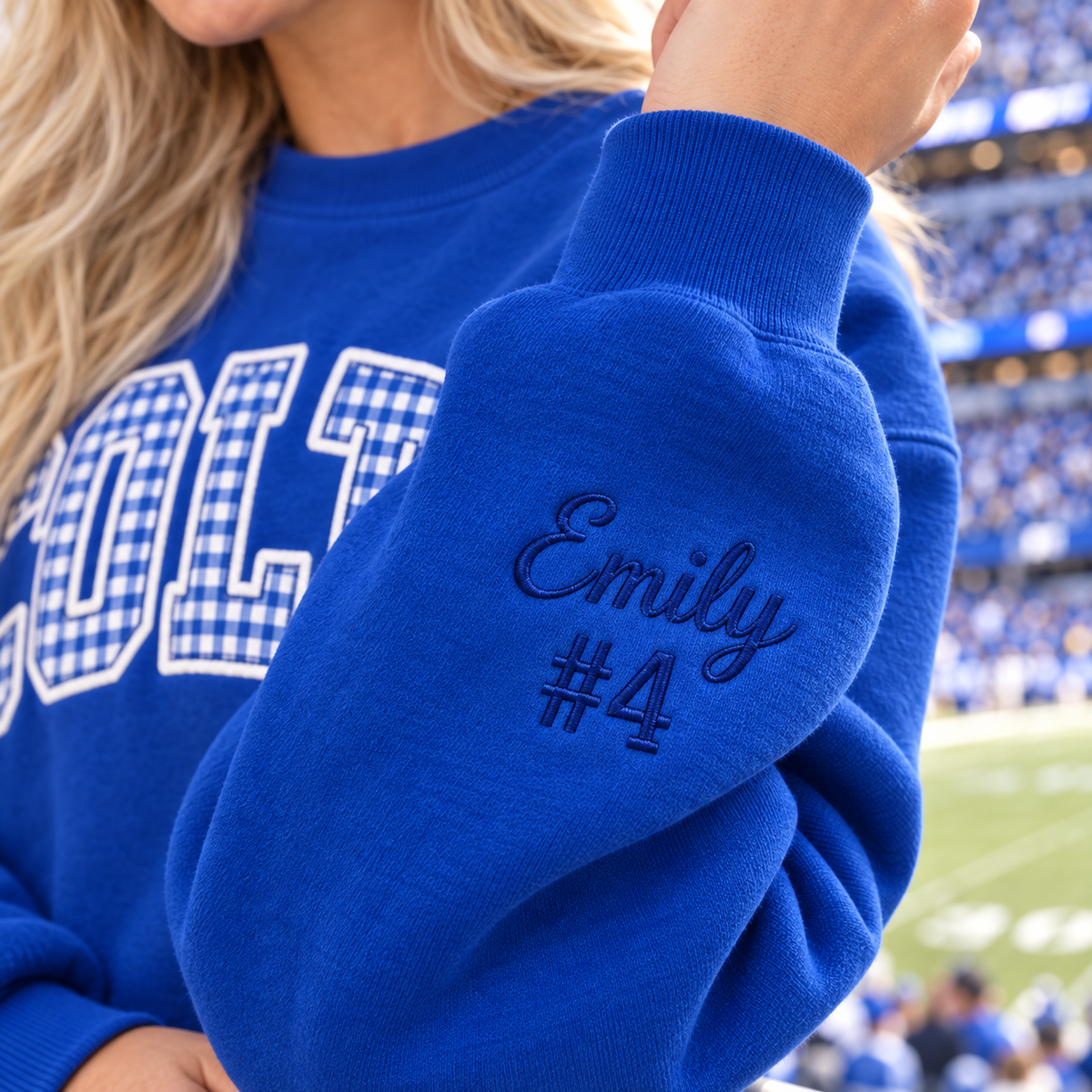 Custom Embroidered Gingham Football Sweatshirt, Player Mom Personalized Crewneck, Sleeve Name Number, Senior Season Game Day Gift for Her