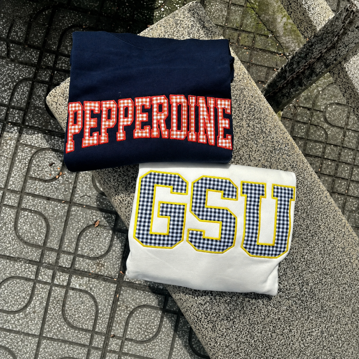 Personalized Gingham Letter Sweatshirt, Custom School Color Crewneck, Preppy Varsity Applique Pullover, Campus Gift