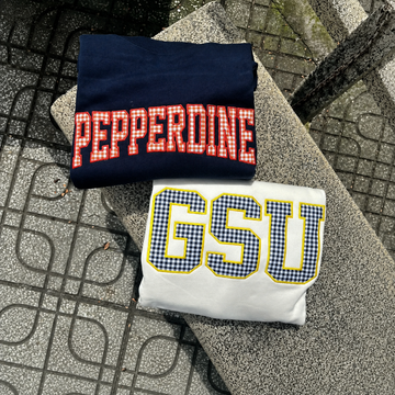 Personalized Gingham Letter Sweatshirt, Custom School Color Crewneck, Preppy Varsity Applique Pullover, Campus Gift