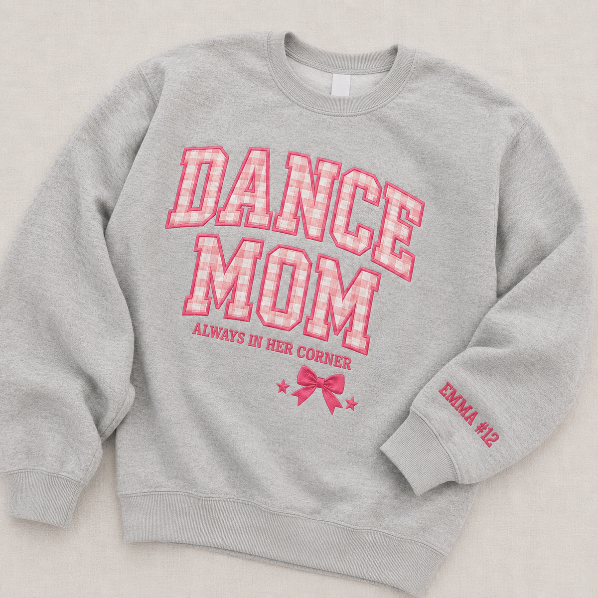 Personalized Dance Mom Gingham Applique Sweatshirt, Custom Competition Day Crewneck, Sleeve Name Pullover Gift