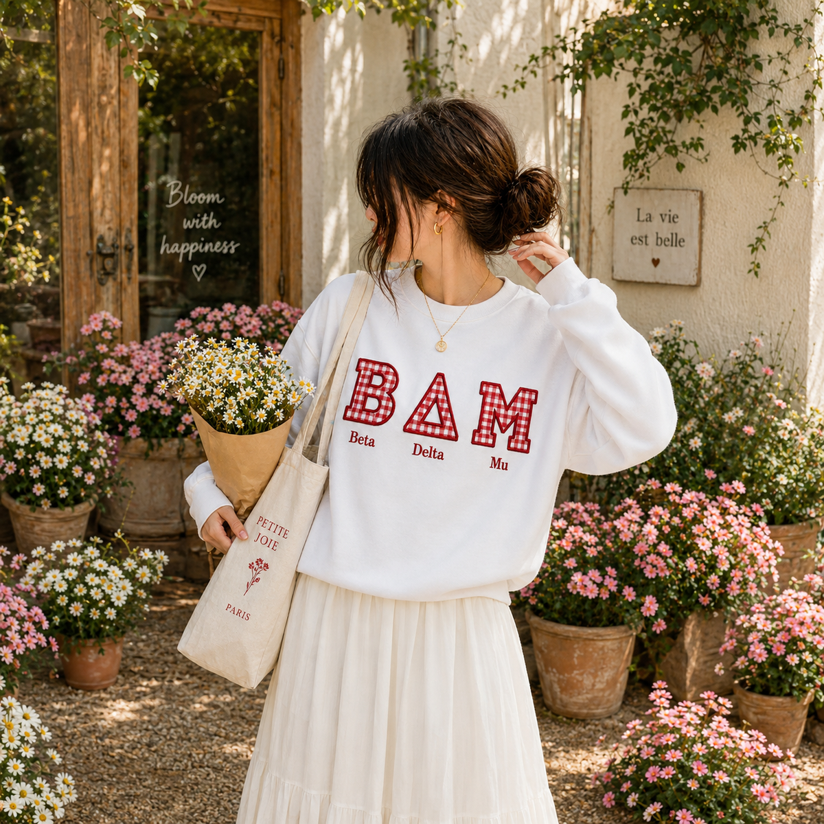 Custom Gingham Greek Letter Sweatshirt, Personalized Sorority Crewneck, Beta Delta Mu Applique Shirt, Big Little Gift, Embroidered Apparel