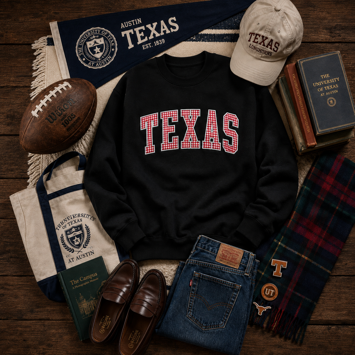 Custom Preppy Sweatshirt, Personalized Embroidered Varsity Crewneck, Gingham Collegiate Campus, Fashion Outfit Gift Style Cozy Apparel