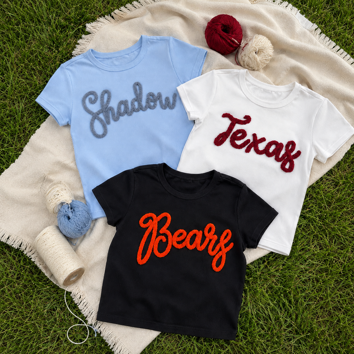 Custom Chenille Baby Tee, Personalized Name Shirt, Fitted Game Day Top, Embroidered Yarn Letter Crop Tee, Sporty Girl Gift