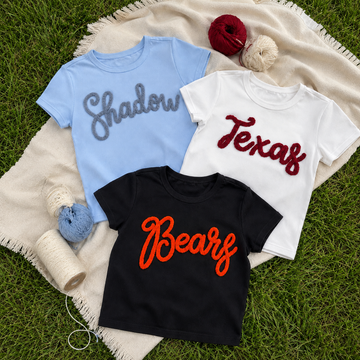 Custom Chenille Baby Tee, Personalized Name Shirt, Fitted Game Day Top, Embroidered Yarn Letter Crop Tee, Sporty Girl Gift