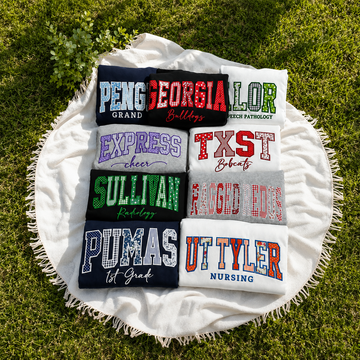Custom Embroidered School Spirit Sweatshirt, Personalized Varsity Applique Crewneck, Custom Team or Teacher Name Gift