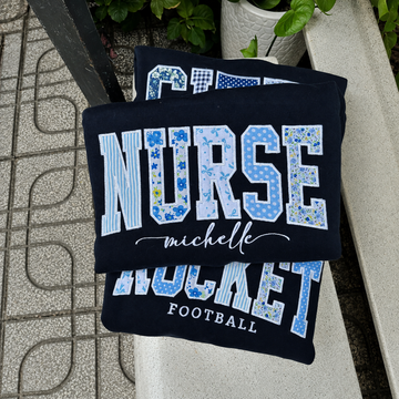 Custom Applique Embroidered School Spirit Sweatshirt, Personalized Varsity Crewneck, Patchwork Team Name Teacher Principal Gift