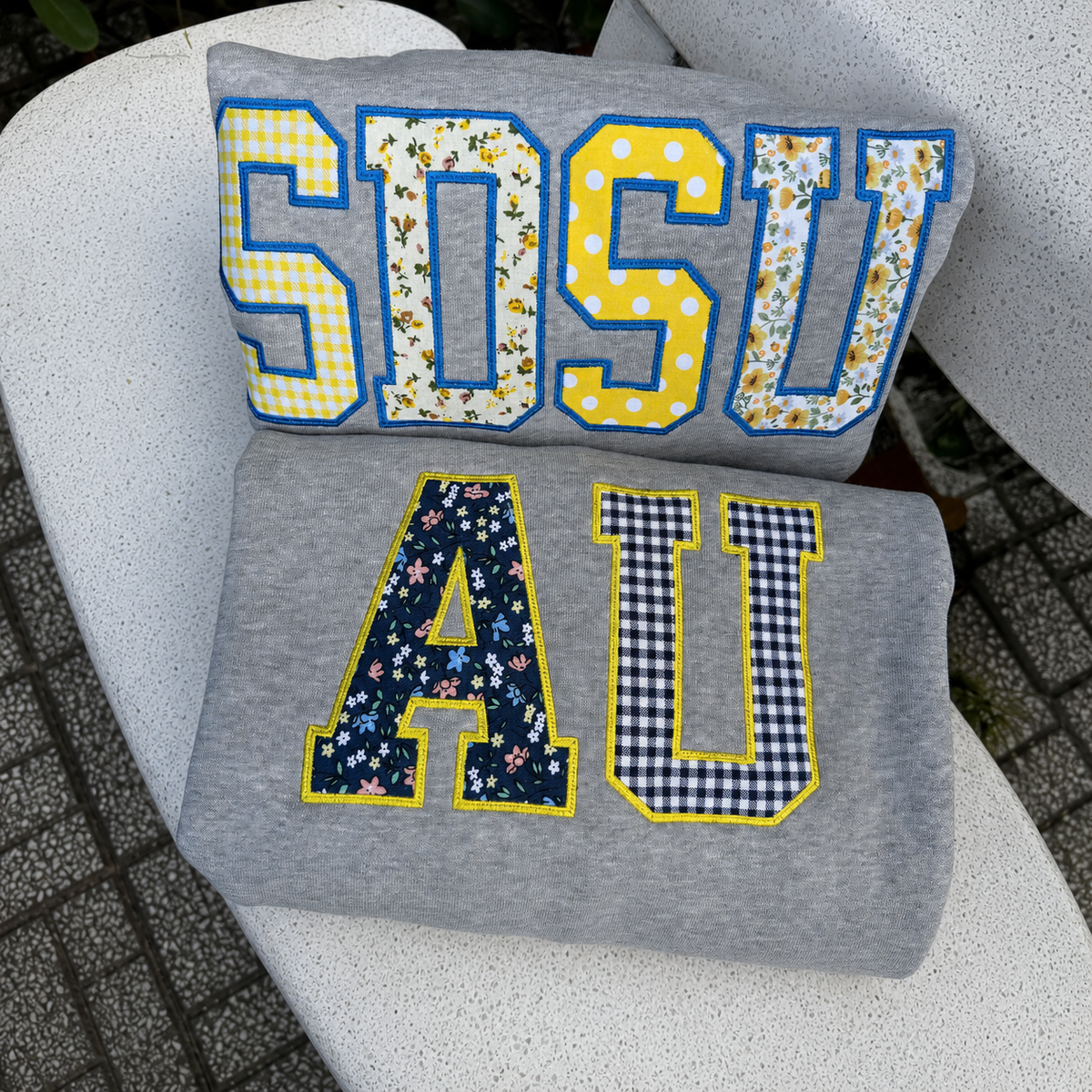 Custom College Initials Patchwork Sweatshirt, Personalized Varsity Applique Crewneck, Floral Gingham Embroidered Gift