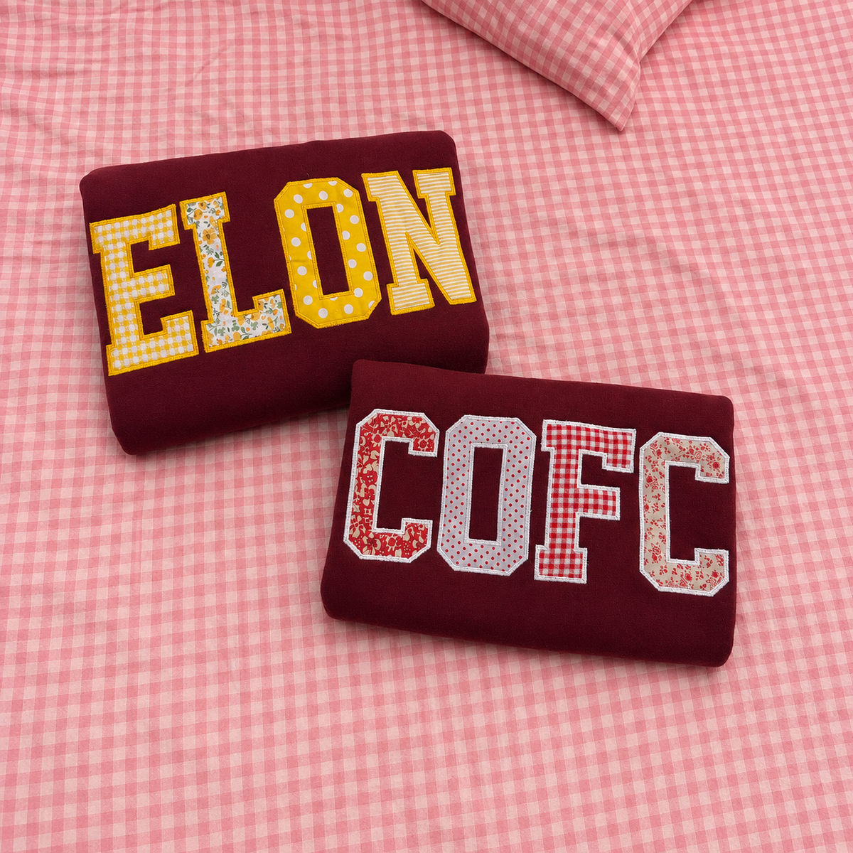 Custom Varsity Patchwork Sweatshirt, Personalized College Style Applique Crewneck, Burgundy Embroidered Pullover Gift