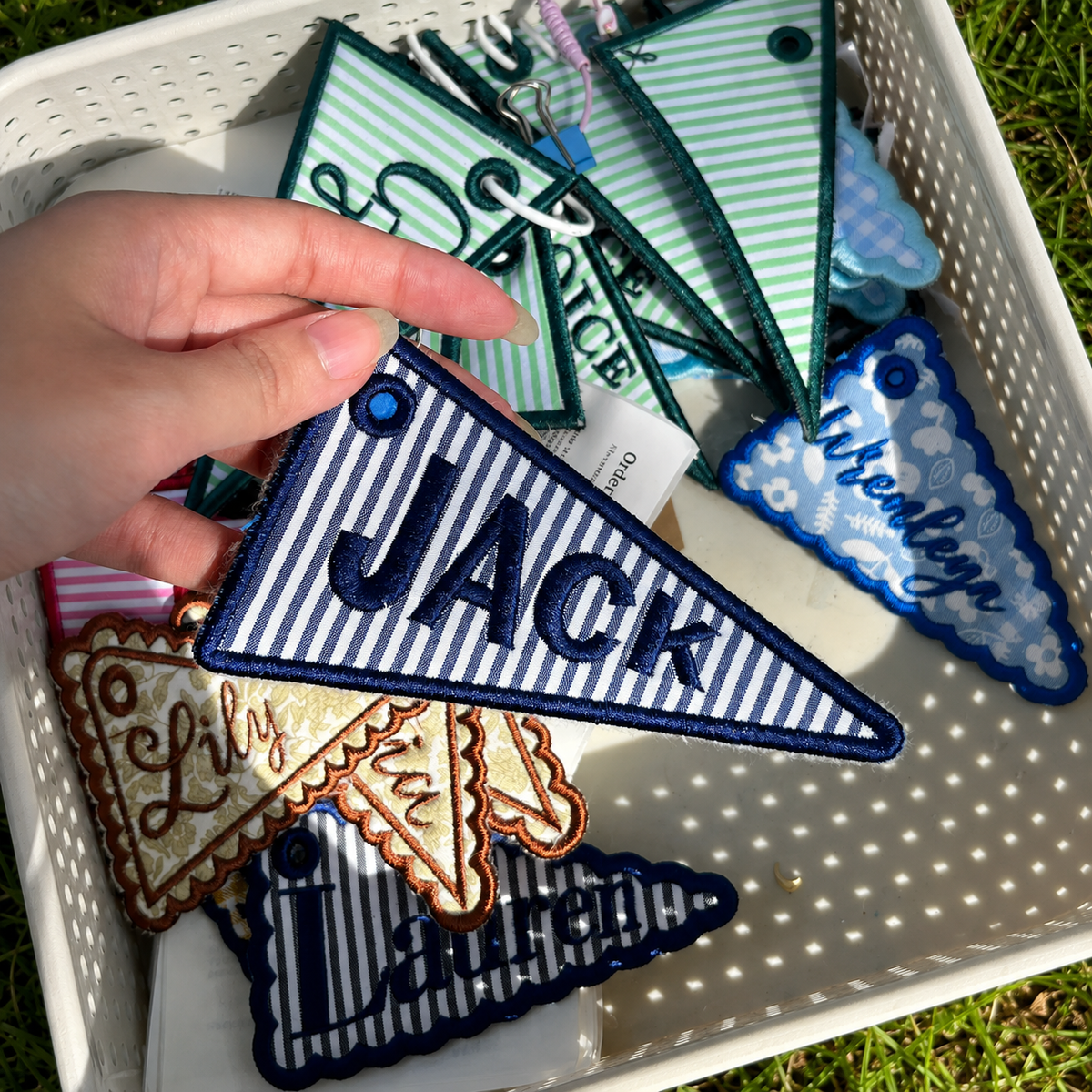 Custom Striped Pennant Flag Bag Charm, Personalized Embroidered Name Keychain, Navy School Backpack Tag for Boys, Kids Lunchbox Luggage