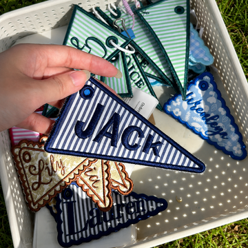 Custom Striped Pennant Flag Bag Charm, Personalized Embroidered Name Keychain, Navy School Backpack Tag for Boys, Kids Lunchbox Luggage