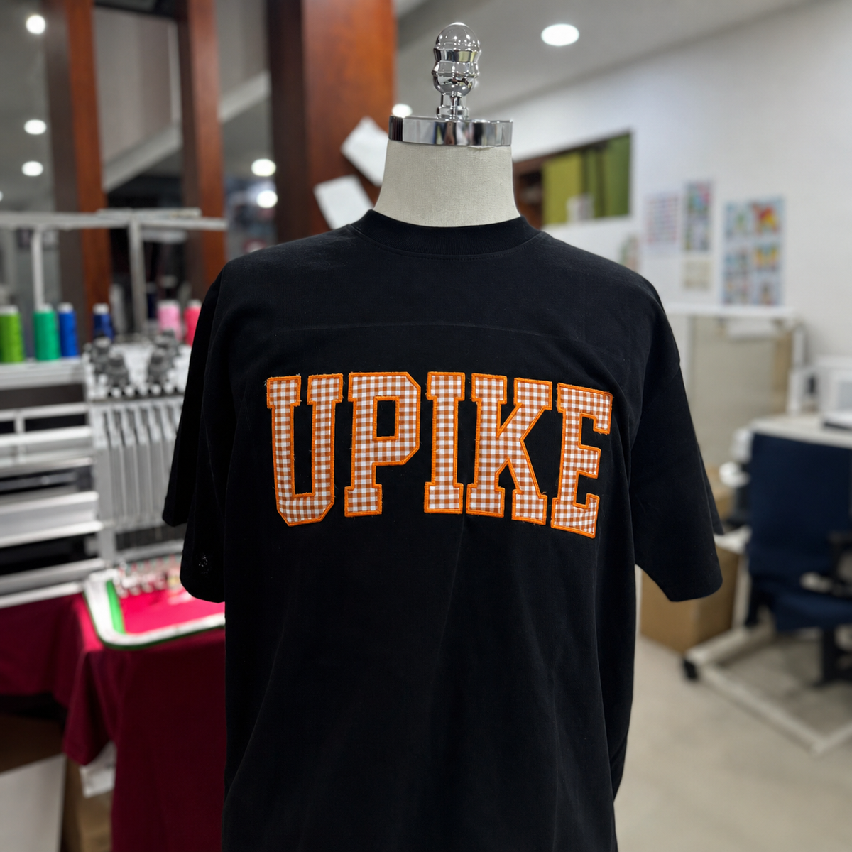Custom Varsity Letter Embroidered T Shirt, Upike Gingham Applique Tee, Personalized Name Shirt, College Style Custom Initials Top