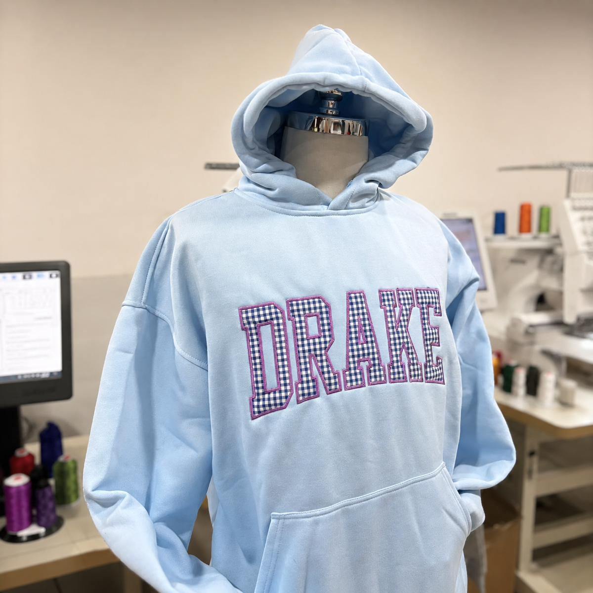 Custom Name Embroidered Hoodie, Varsity Letter Sweatshirt, Gingham Applique Pullover, Personalized Name Merch Gift, Cozy Custom Hoodie