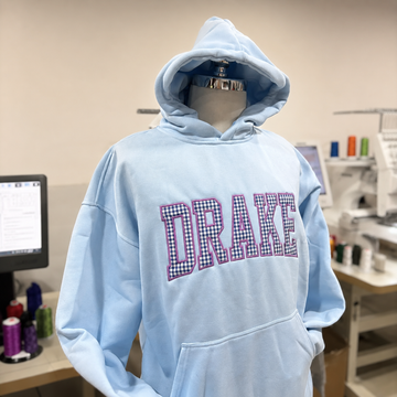 Custom Name Embroidered Hoodie, Varsity Letter Sweatshirt, Gingham Applique Pullover, Personalized Name Merch Gift, Cozy Custom Hoodie