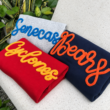 Custom Chenille Name Sweatshirt, Personalized Fuzzy Yarn Crewneck, Team Script Pullover, Mascot Shirt, School Spirit Gift