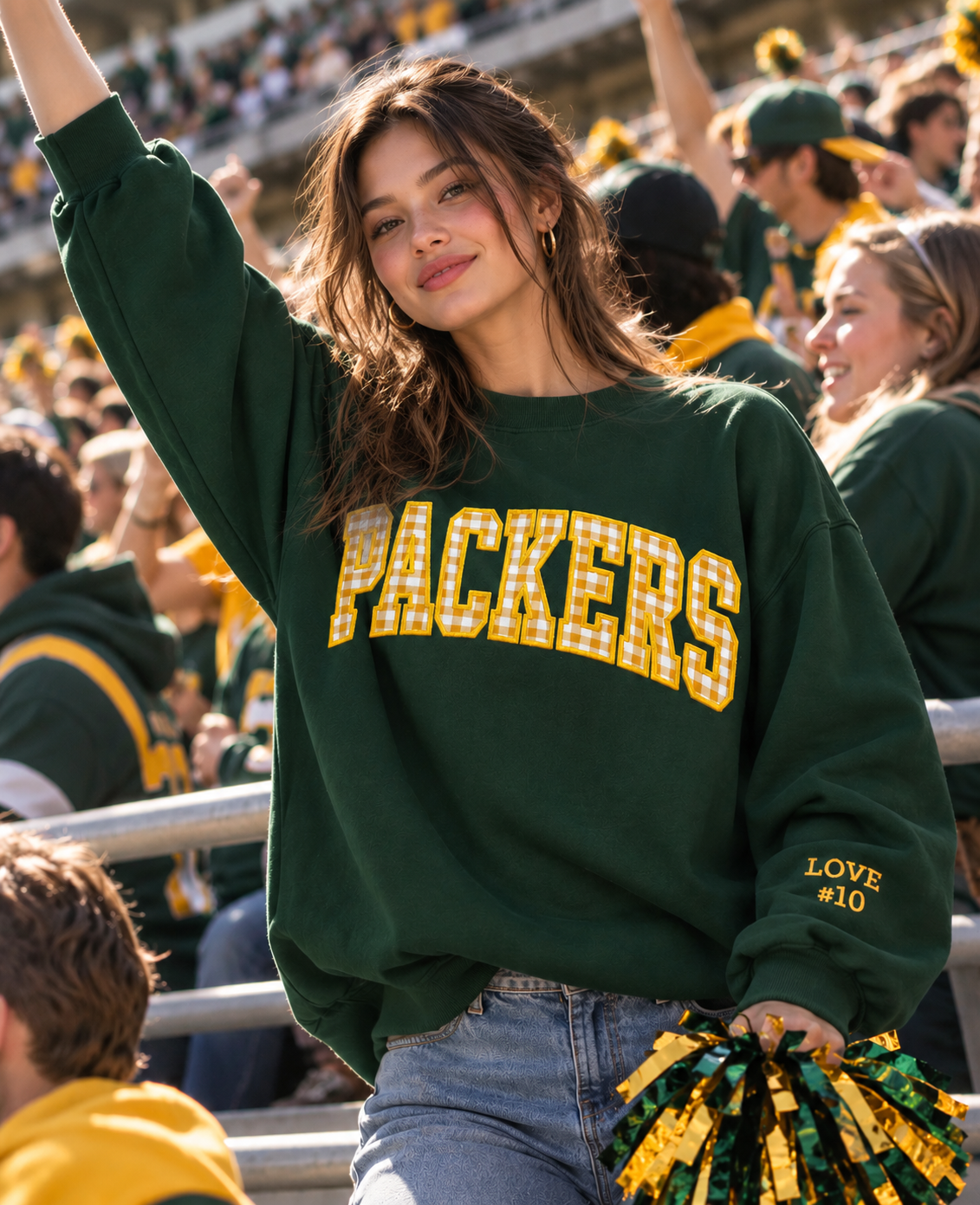 Custom Gingham Appliqué Team Name Sweatshirt – Personalized Game Day Crewneck with Sleeve Name & Number