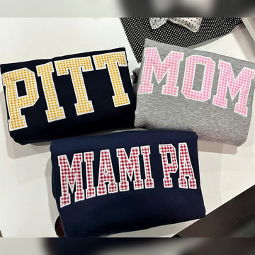 Custom College Town Sweatshirt, Personalized Gingham Applique Crewneck, University Style Place Name Pullover, Dorm Move In Gift