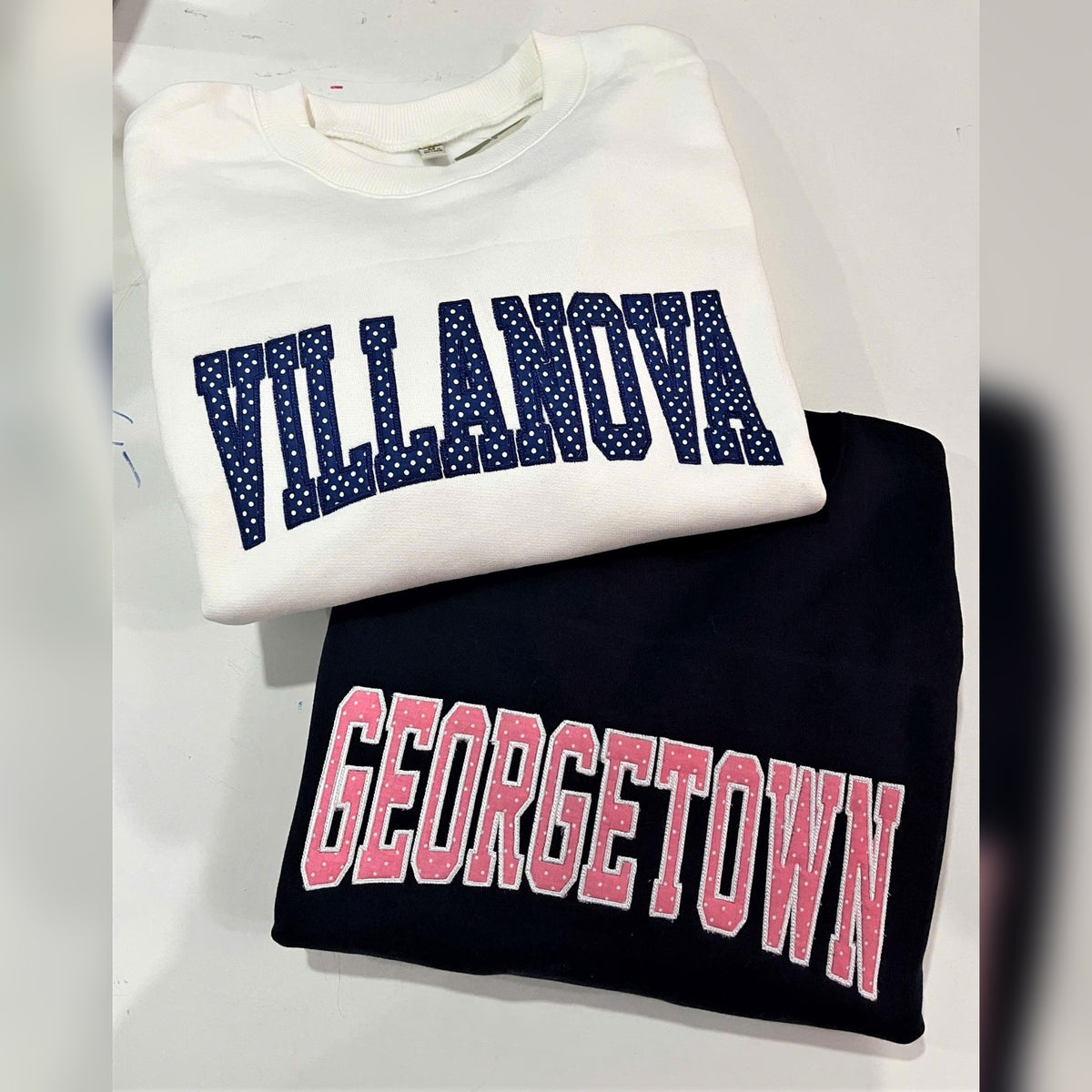 Preppy College Sweatshirt, Custom Place Name Crewneck, Polka Dot Applique Varsity Pullover, Campus Outfit Move In Gift