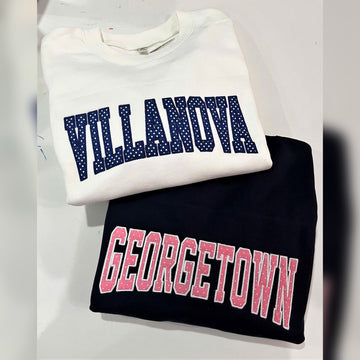 Preppy College Sweatshirt, Custom Place Name Crewneck, Polka Dot Applique Varsity Pullover, Campus Outfit Move In Gift