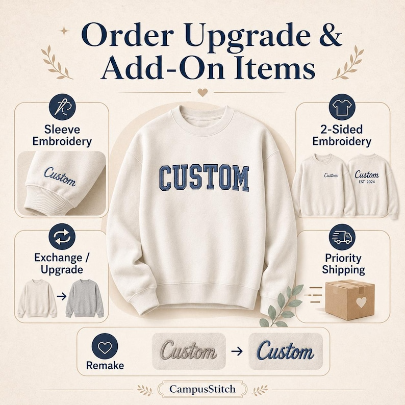Custom Order Add-On – Embroidery Upgrade, Sleeve or Back Embroidery, Garment Upgrade, Rush Shipping, Remake