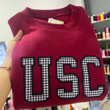 USC Inspired Embroidered Sweatshirt, Custom College Crewneck, Black Gingham Applique Letters Shirt, Varsity Style Sweatshirt, Merch Gifts
