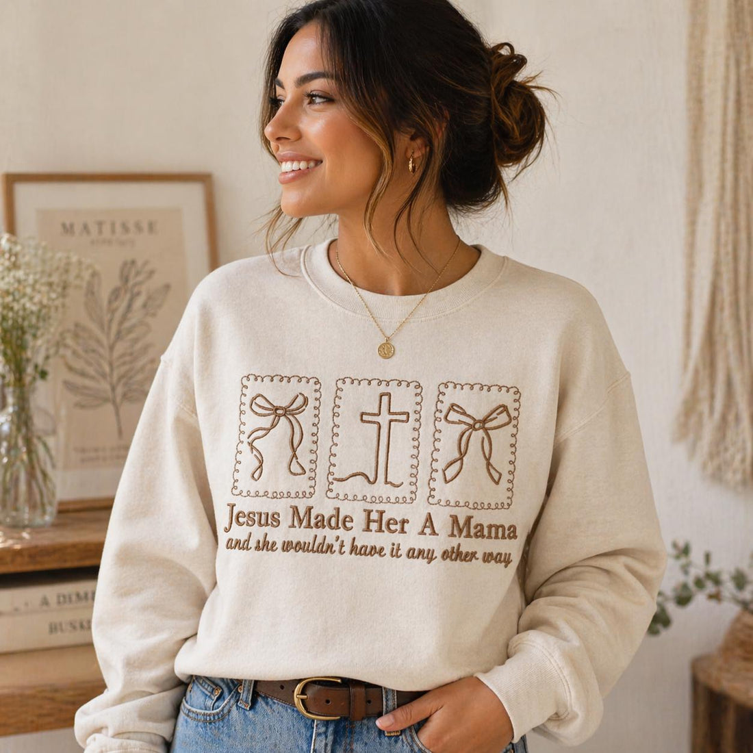 Custom Embroidered Christian Sweatshirt, Jesus Made Her A Mama Crewneck, Faith Based Gift for Mom, Religious Apparel, Cozy Mama Shirt