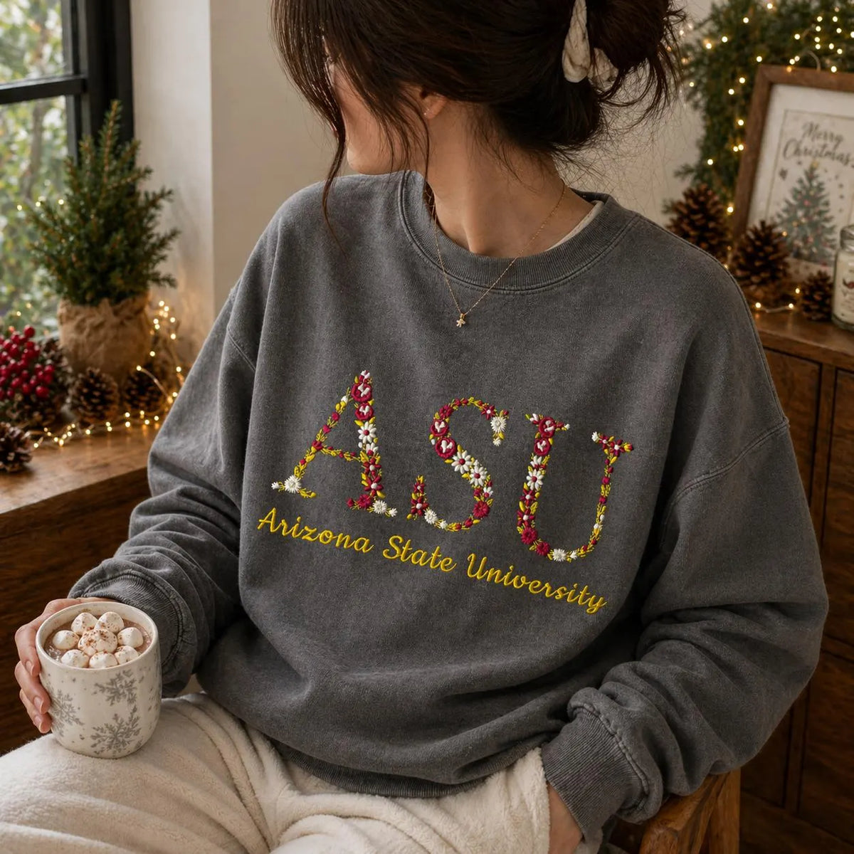 Custom Floral Embroidered Sweatshirt, Personalized Initial Letter Crewneck, College University Style, Aesthetic Flower Name Gift Idea