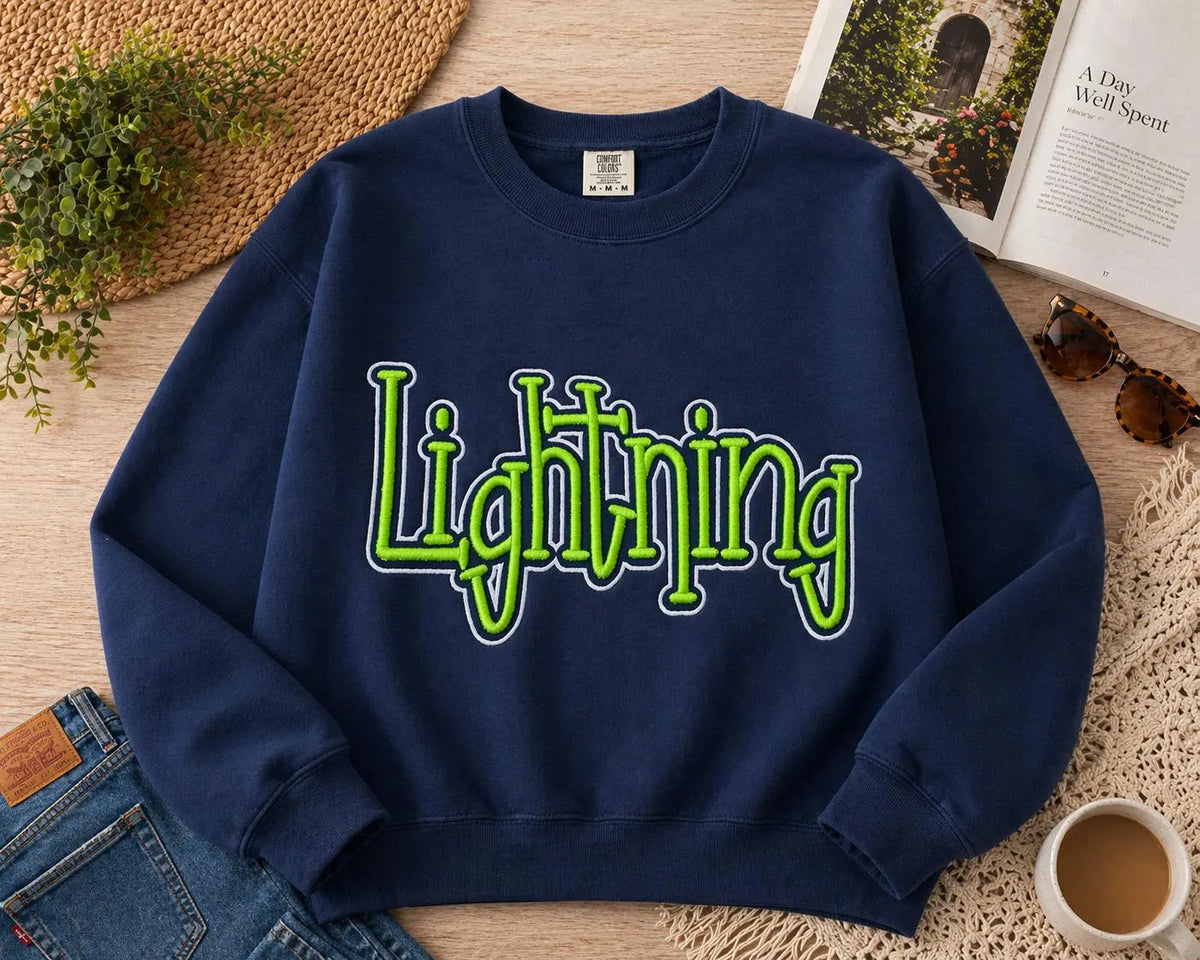 Personalized 3D Puff Embroidered Sweatshirt, Varsity Lightning Crewneck, College Style Pullover, Custom Name Shirt, Trendy Merch