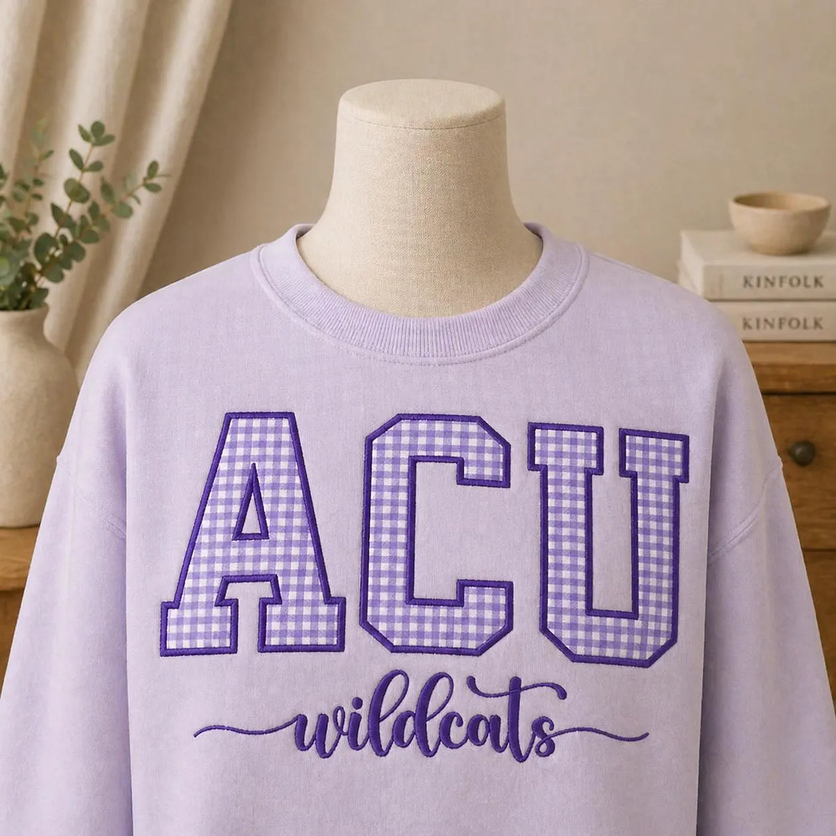 Custom Gingham Applique Embroidered Sweatshirt, Varsity Letter Crewneck, Personalized College Style Top, Script Name Pullover Gift