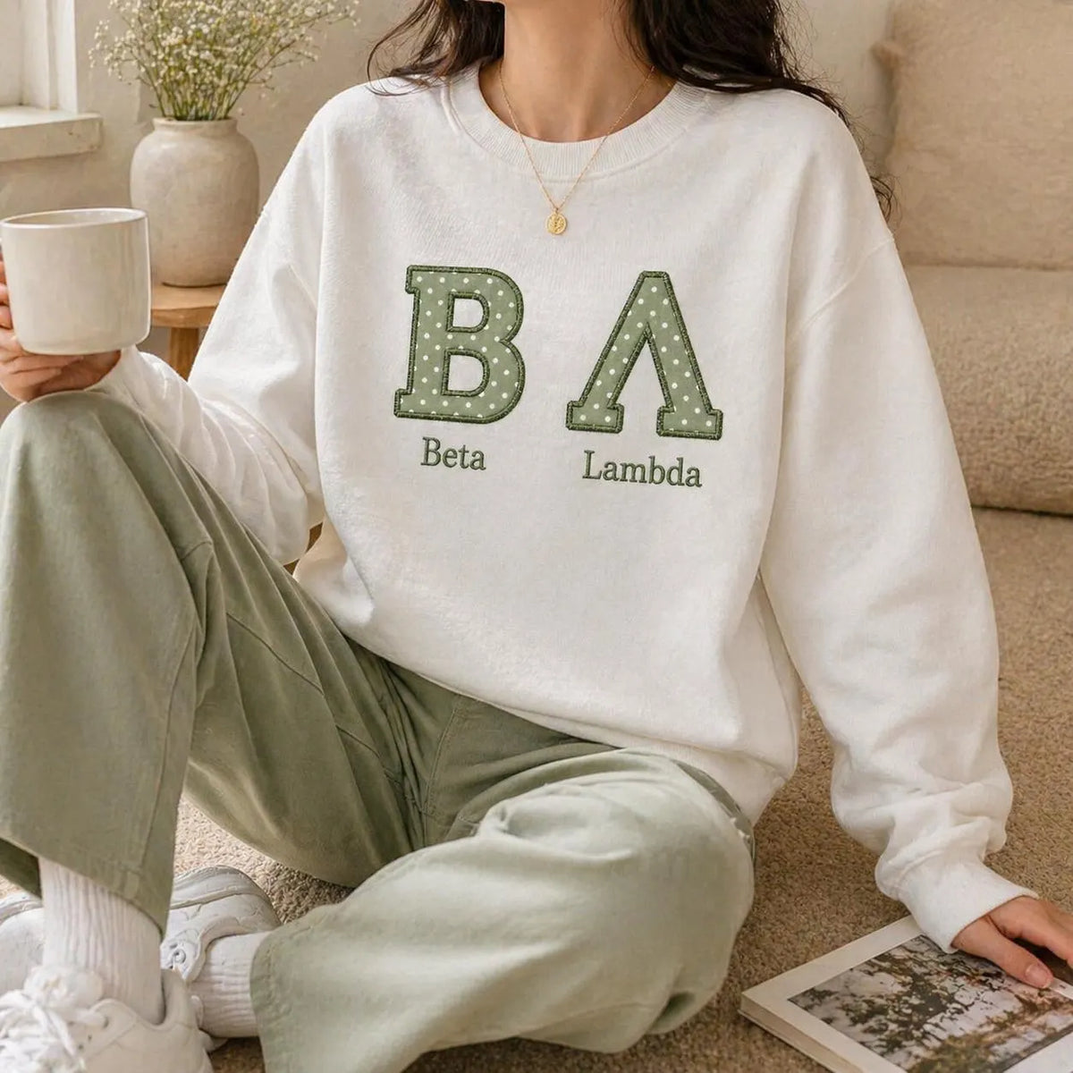 Custom Polka Dot Greek Letter Sweatshirt, Personalized Sorority Crewneck, Beta Lambda Applique Shirt, Custom Embroidered Gift Apparel
