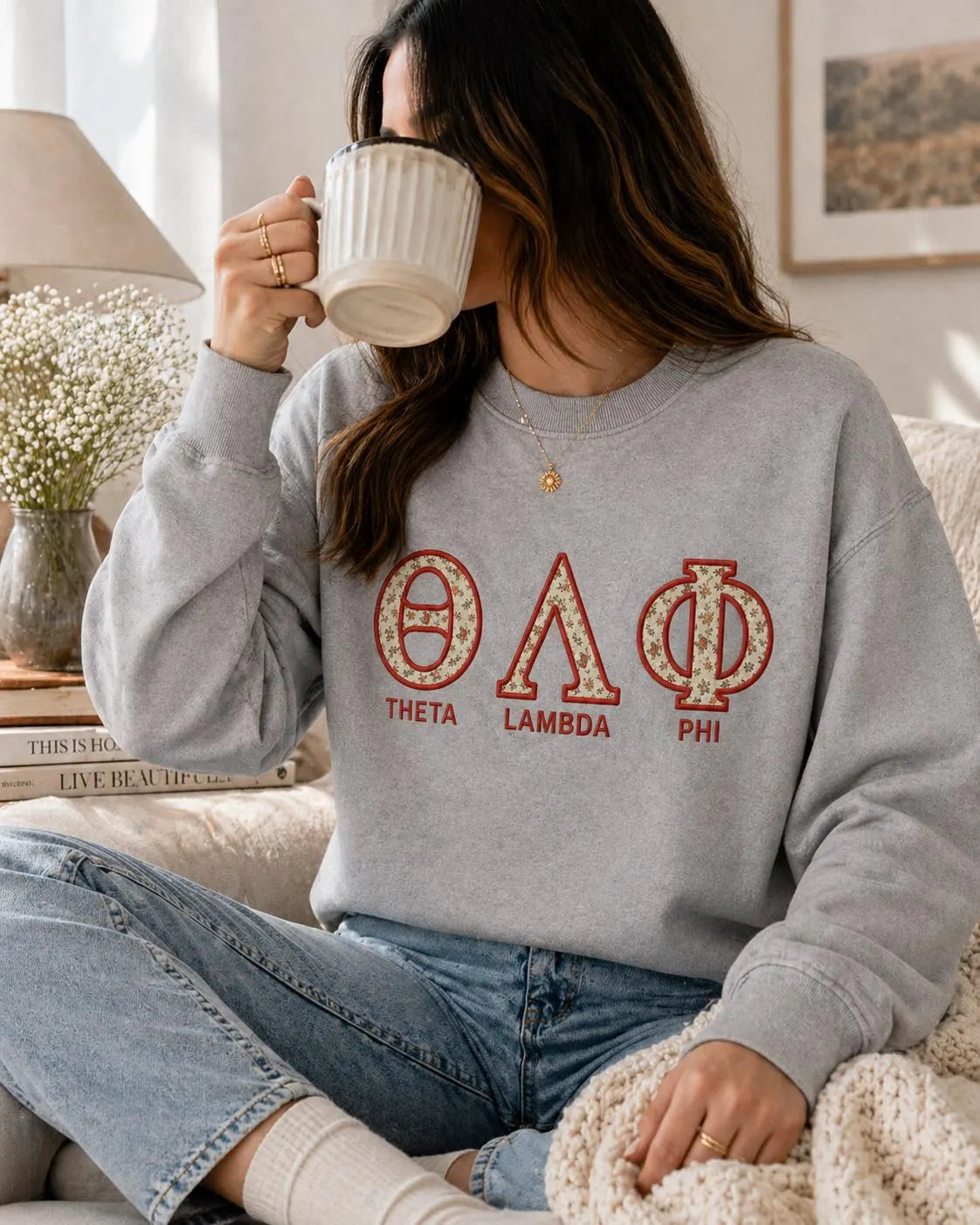 Custom Greek Letter Sweatshirt, Floral Applique Sorority Crewneck, Personalized Embroidered Greek Life Gift for Her, Name Gift Apparel