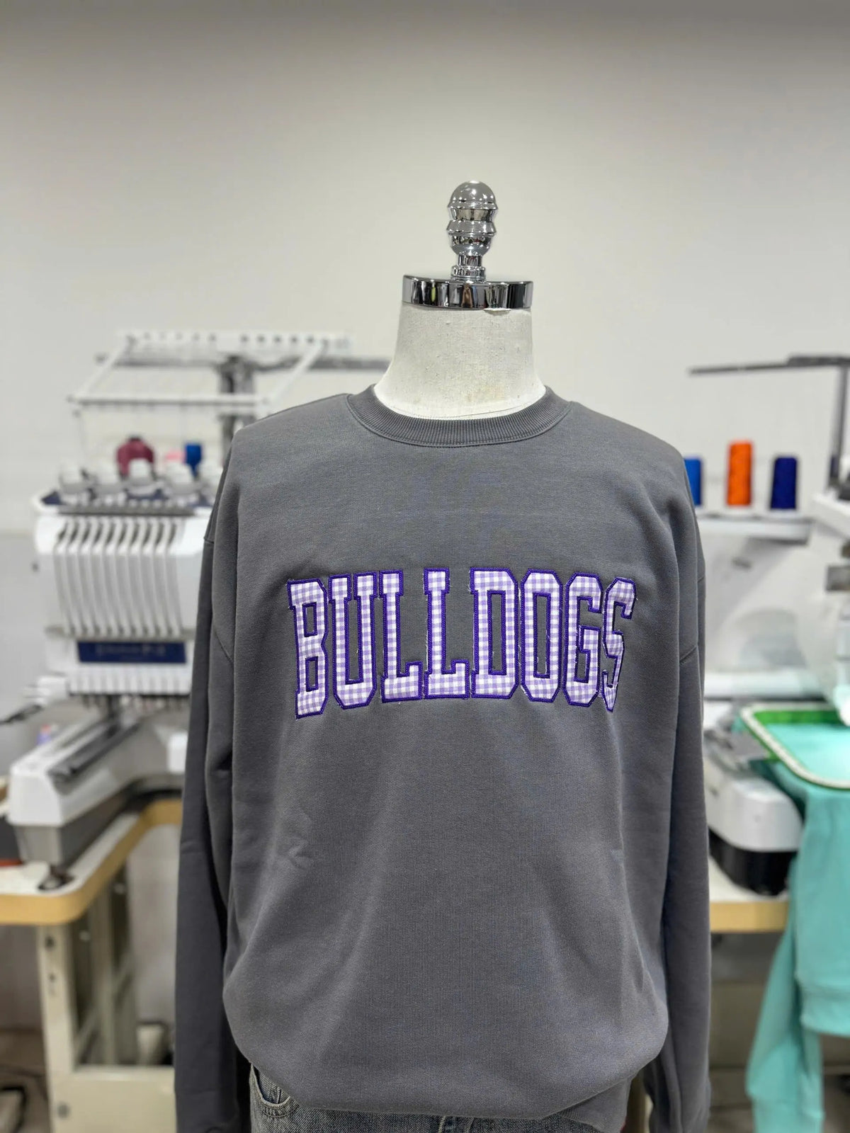 Custom Varsity Team Sweatshirt, Personalized Gingham Applique Crewneck, Mascot Name College Pullover, Boutique Preppy Gift Top, Stylish Wear