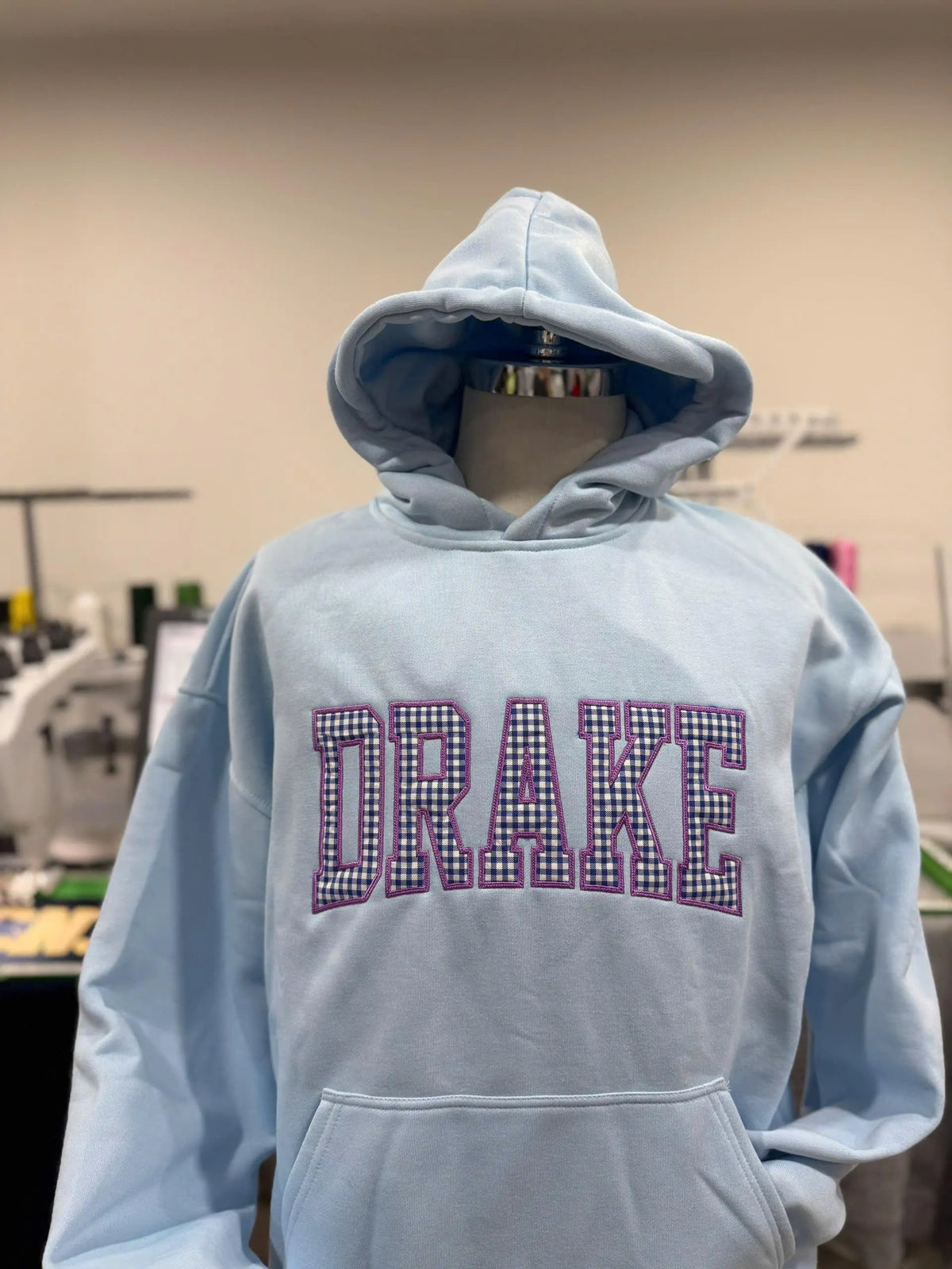 Custom Name Embroidered Hoodie, Varsity Letter Sweatshirt, Gingham Applique Pullover, Personalized Name Merch Gift, Cozy Custom Hoodie
