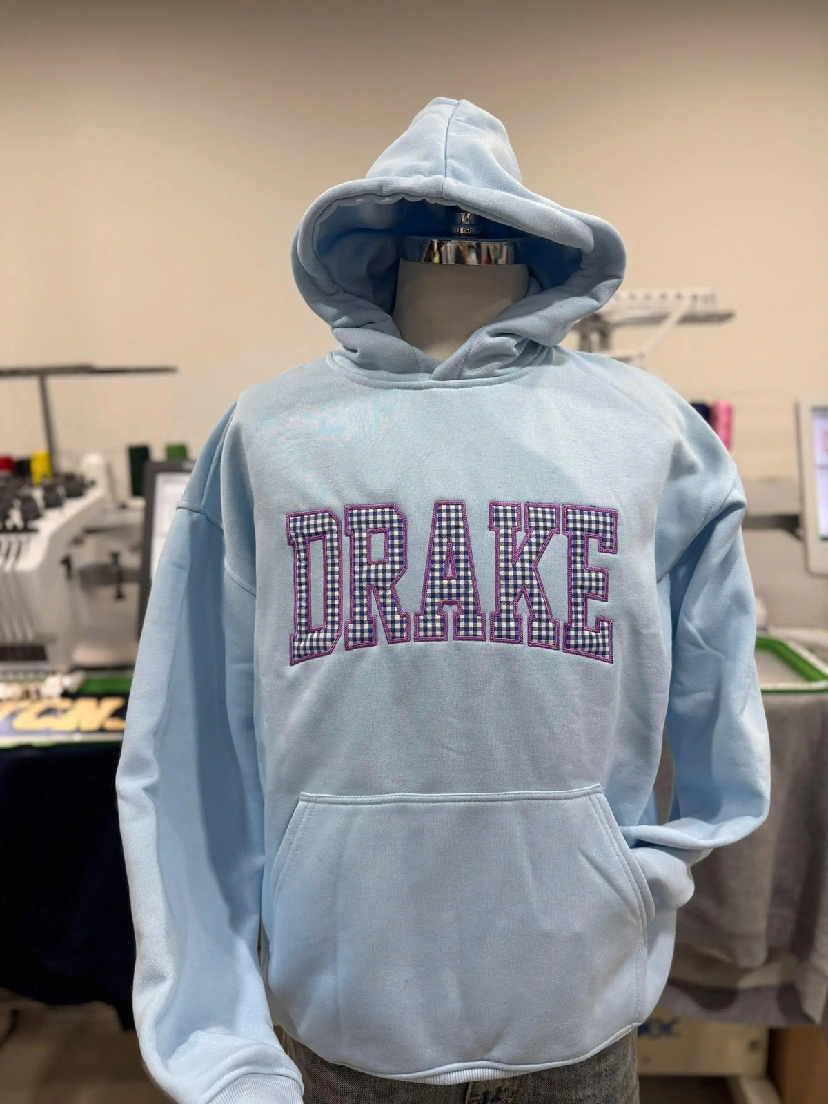 Custom Name Embroidered Hoodie, Varsity Letter Sweatshirt, Gingham Applique Pullover, Personalized Name Merch Gift, Cozy Custom Hoodie
