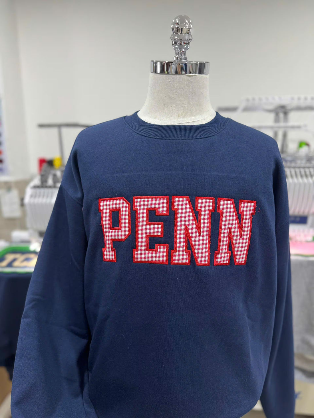 Custom Varsity Letter Embroidered Sweatshirt, Gingham Applique Crewneck, Personalized Name Pullover, College Style Custom Merch Gift