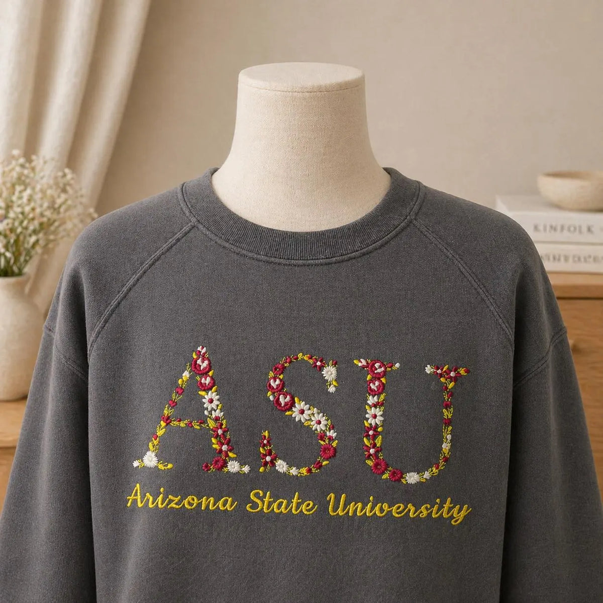 Custom Floral Embroidered Sweatshirt, Personalized Initial Letter Crewneck, College University Style, Aesthetic Flower Name Gift Idea
