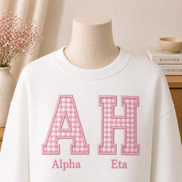 Custom Gingham Greek Letter Sweatshirt, Personalized Sorority Crewneck, Pink Varsity Applique Letters, Preppy College Gift for Her