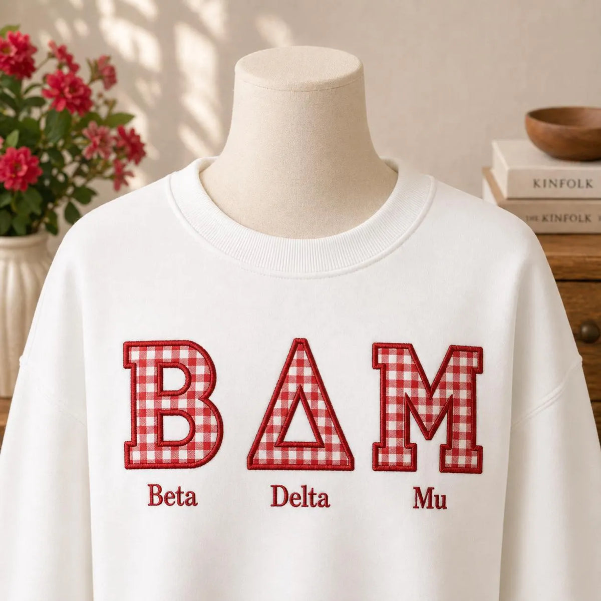 Custom Gingham Greek Letter Sweatshirt, Personalized Sorority Crewneck, Beta Delta Mu Applique Shirt, Big Little Gift, Embroidered Apparel