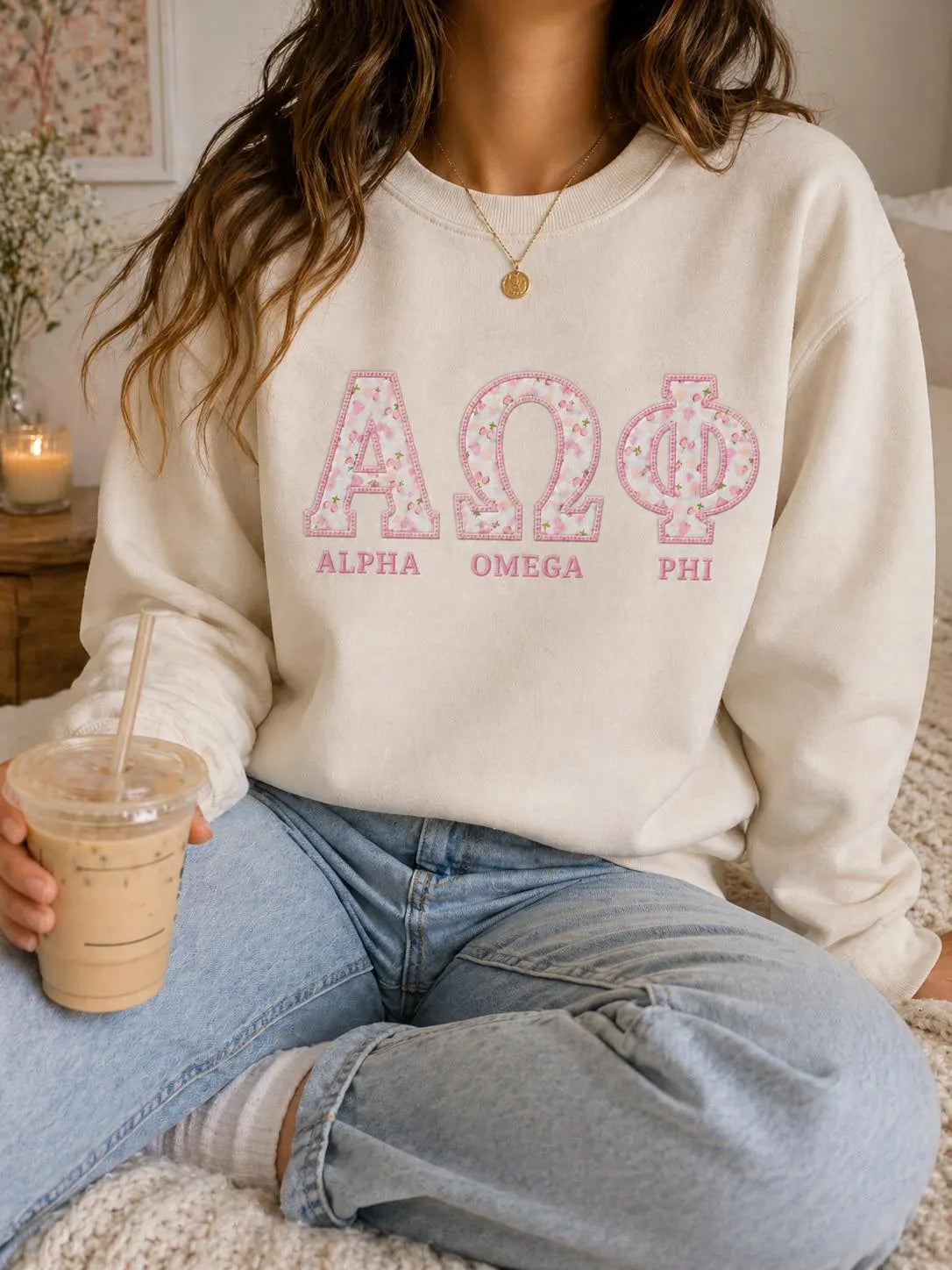 Custom Blush Floral Greek Sweatshirt, Personalized Pink Embroidered Sorority Crewneck, Preppy Big Little Campus College Gift Pullover